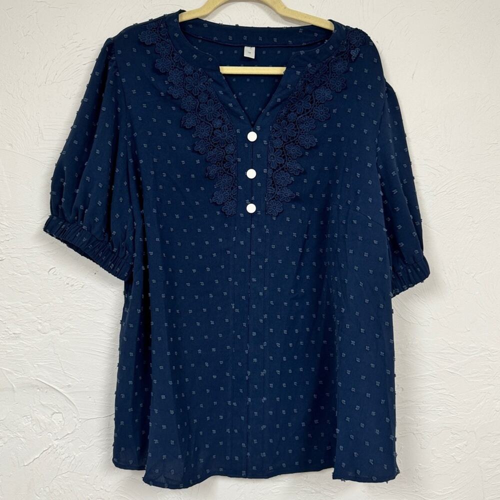 Unbranded Navy Blue Swiss Dot Puff Sleeve Blouse Womens 1X Coquette Girly Shirt